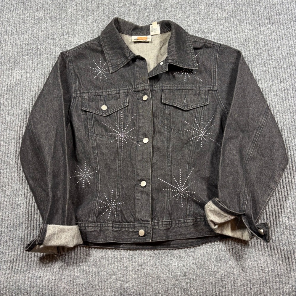 Newport News Jeanology Jean Jacket Womens 8 Black Studded Starburst Y2K G1788